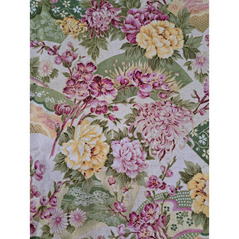 Vintage Floral Cotton Fabric Green Pink Yellow 1 Yard
